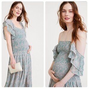 Hatch The Cosette Smocked Midi Dress Lotus Print Green Pink Size 2 M/L